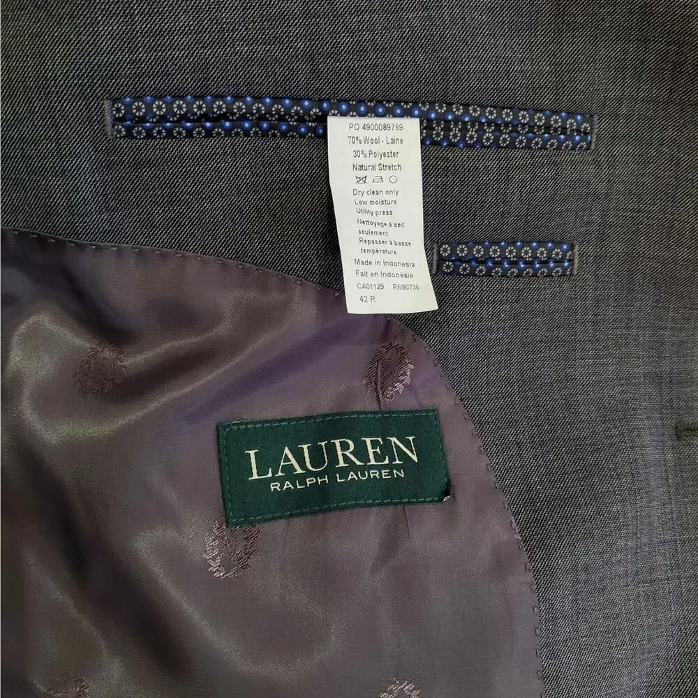 Lauren Ralph Lauren Mens Blazer Sz 42R Gray Wool Blend Ultraflex Stretch Jacket